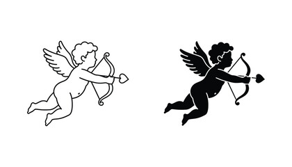 Obraz premium Cupid angel with bow and heart arrow line art and solid black silhouette icon set for romantic and valentine themed design