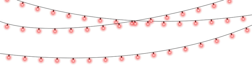 Obraz premium Red Christmas garland isolated on transparent background. Glowing red light bulbs with sparkles for Xmas, New Year, and wedding decor. Party event decoration and winter holiday element PNG.