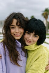 Fototapeta premium Young women smiling and embracing in park with palm trees