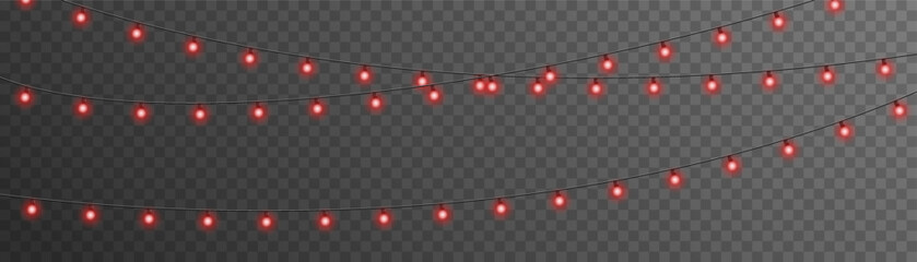 Glowing red fairy Christmas garland strings isolated on transparent background. Vector New Year party LED lamps for wedding, birthday, and winter holiday season event decoration element. © Felicety