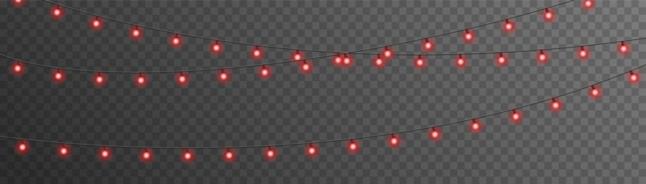 Glowing red fairy Christmas garland strings isolated on transparent background. Vector New Year party LED lamps for wedding, birthday, and winter holiday season event decoration element.