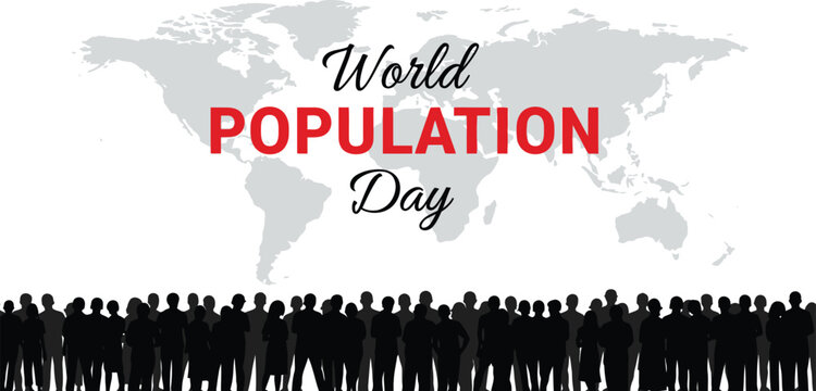 World Population Day banner with silhouette of diverse people standing before a global map vector illustration