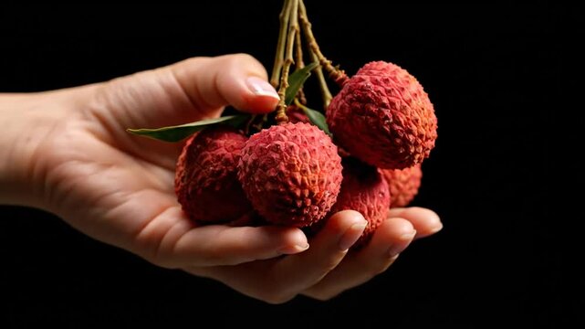 Hand Holding Fresh Lychees Fruits Against a Black Background Displaying Natural Food in Close-up