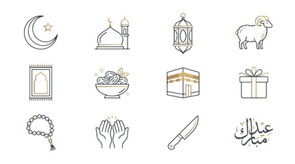 Fototapeta premium Set of Islamic holiday icons for Eid al Adha celebration.