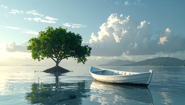 Pixelated lonely white rowboat moored near a solitary green tree in calm water with dramatic clouds at sunset, serene seascape