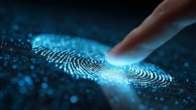 Close-up of a finger touching a glowing blue digital fingerprint scanner on a dark background