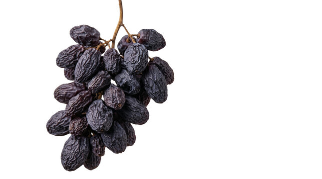 Black raisins on a branch, organic dried dark grapes cluster, sweet sun-dried fruit snack with wrinkled texture for healthy cooking isolated on Transparent Background