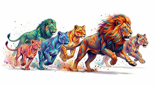 Vibrant Herd of Majestic Lions Galloping with Artistic Flair, Bursting with Color and Dynamic Movement