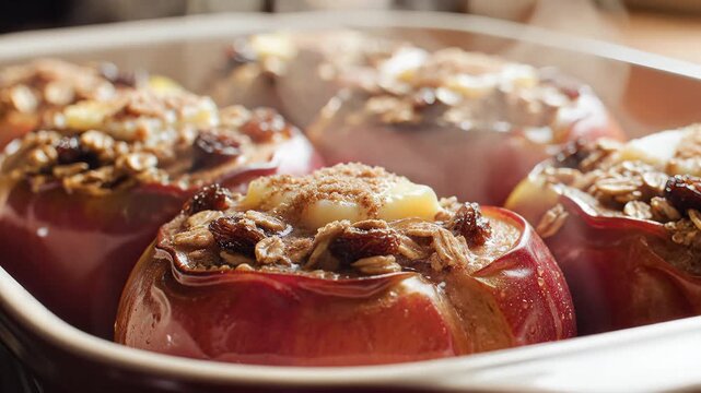 Delicious Baked Apples with Cinnamon and Oats in a Baking Dish.