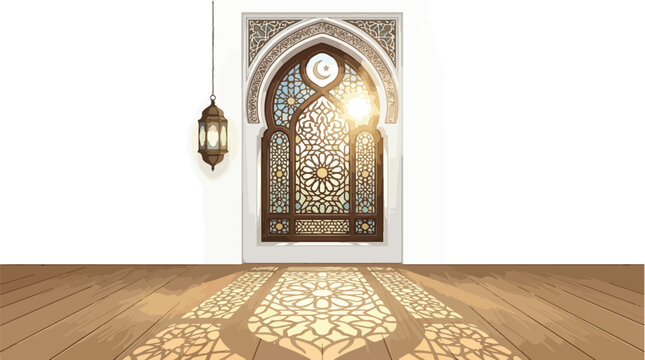 Traditional Islamic architectural window with ornate geometric patterns and hanging lantern.