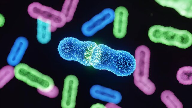 Microscopic view of colorful bacteria dividing and multiplying in vibrant detail.
