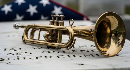Naklejka premium Golden trumpet resting on white marble tombstone with american flag blurred in background view.