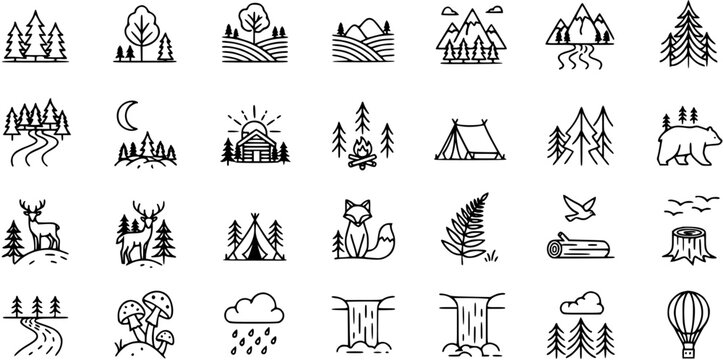Nature and Outdoor Adventure Line Art Icons Set. Minimalist Black and White Wilderness  Camping Symbols, Environment Outline Vector Collection.