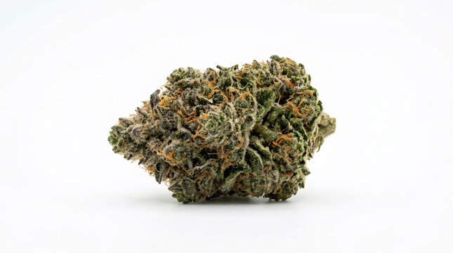 AI-generated image of a vibrant green cannabis bud, also known as marijuana flower or nug, showcasing intricate details on a clean white background, depicting its natural form.