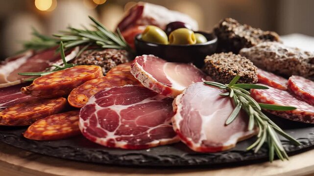 Gourmet Charcuterie Board with Cured Meats and Olives.