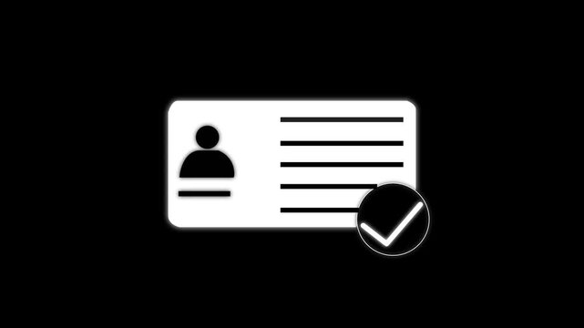 Animation of id card icon with check mark. Alpha channel, transparent background. Colorful ID Card Icon Animation. ID card on color screen. National id, card, voter id. identity document sign animatio