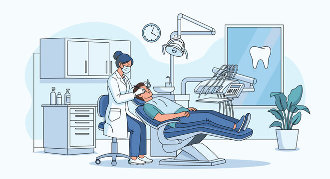 Professional female dentist in a medical mask examines a male patient lying in a dental chair within a clean, modern clinic with specialized equipment.