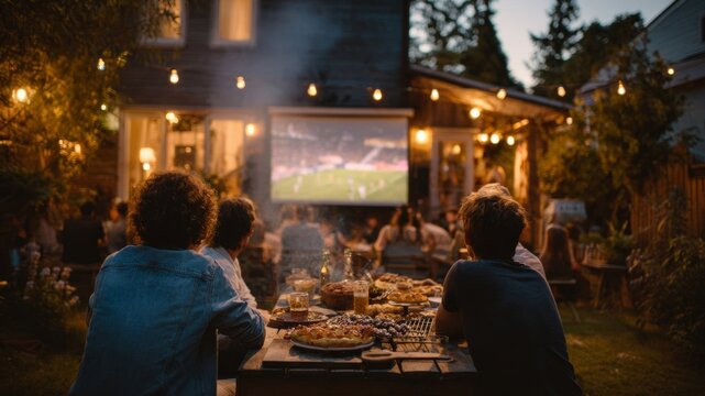 Friends gather for an outdoor movie night with projector screen and food spread