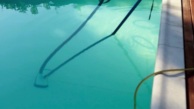 Manual pool cleaner brushing clear blue swimming pool water, static shot.