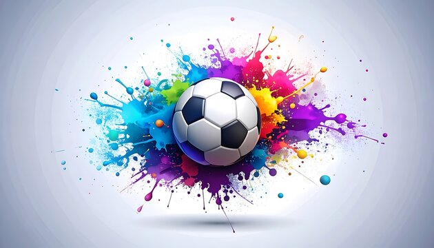 Soccer ball exploding with vibrant colorful paint splatters on a light background, dynamic action and sport concept