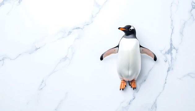 Pixelated penguin toy on a white marble surface, minimalist composition, digital art style, playful yet modern