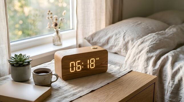 Wooden Digital Bedside Clock showing early morning time 06:18 with cozy bedroom background.