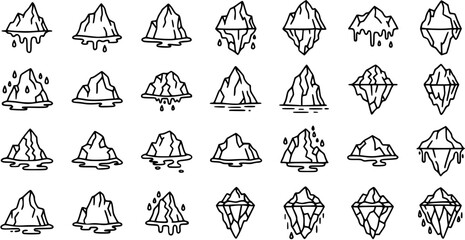 Black and White Line Art Icebergs Icons, Set of 25 Melting Ice Symbols © victoria