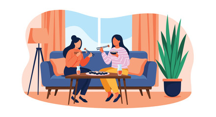 Fototapeta premium Two young women sit comfortably on a blue sofa while enjoying a sushi meal together at home, showcasing friendship and casual social dining habits.