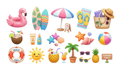 Fototapeta premium Cute Summer Vacation 3D Objects Set with Beach Accessories and Tropical Elements Vector Illustration