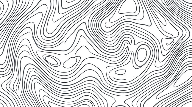 Abstract vector topographic map pattern featuring thin black contour lines on a white background representing geographic relief, terrain elevation, and undulating landform shapes.