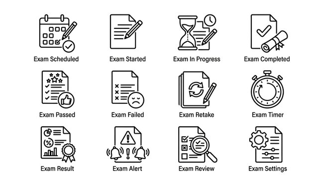 Set of minimalist line art icons depicting various stages and aspects of exams scheduling, starting, progress, completion, passing, failing, retakes, timers, results, alerts, reviews, and se