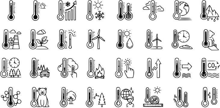 Diverse Thermometer Icons for Climate Change, Global Warming  Weather Analysis