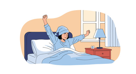 Obraz premium Young woman waking up in the morning and stretching her arms while sitting in bed in a bright and sunny bedroom environment.