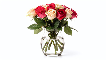 Obraz premium Vibrant Red and Cream Rose Bouquet in Clear Glass Vase Isolated on White