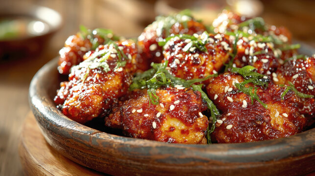Delicious and Crispy Korean Style Fried Chicken Wings with Spicy Gochujang Glaze Topped with Toasted Sesame Seeds and Fresh Chopped Green Herbs Served in a Traditional Clay Bowl on Wood