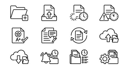 Fototapeta premium A set of modern, minimalist, line-style icons depicting various file management and data transfer concepts, including upload, download, sync, backup, and security, in a simple, uniform, and 