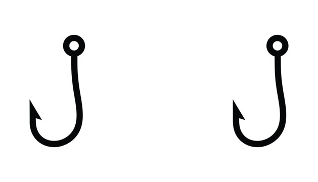 Fishing hook icon set featuring outline and solid black silhouettes of sharp metal hook for sports and outdoor recreation branding isolated on white background