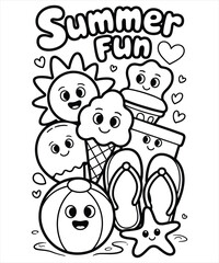 Fototapeta premium Summer fun coloring page with cute cartoon sun, ice cream, beach ball, and flip flops