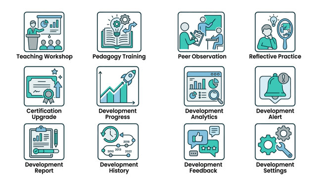 A collection of twelve teal and white line icons depicting various educational development and training concepts, including teaching workshop, pedagogy training, and development planning.
