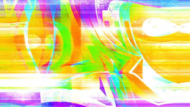 Abstract neon glitch texture with yellow scanline distortion and chromatic aberration. Digital signal corruption with pixel sorting and wave warp for rave poster and electronic music event design.
