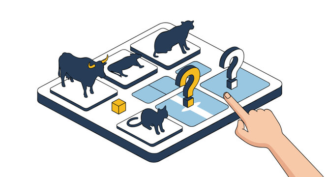 Human hand interacting with an isometric digital interface displaying various animal icons like bull, cow, and cat with question marks.