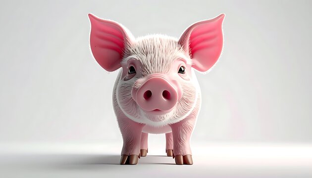 Small fluffy pink piglet with large ears standing facing forward, cute farm animal, playful and endearing, isolated on a clean white background