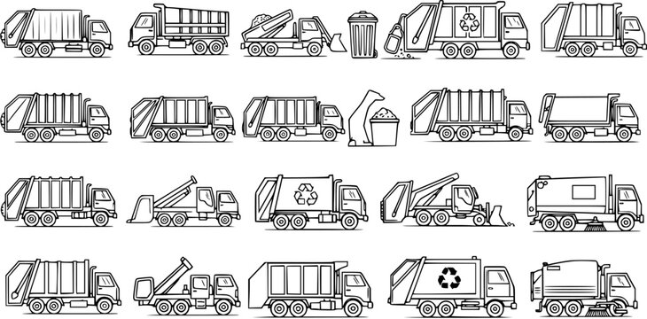 Waste Management Garbage Trucks and Recycling Vehicles Black and White Line Art Icons Set