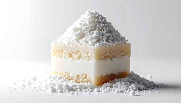 Small square cake with white frosting and a snowy topping, light colored cake layers and white cream filling, isolated on a white background
