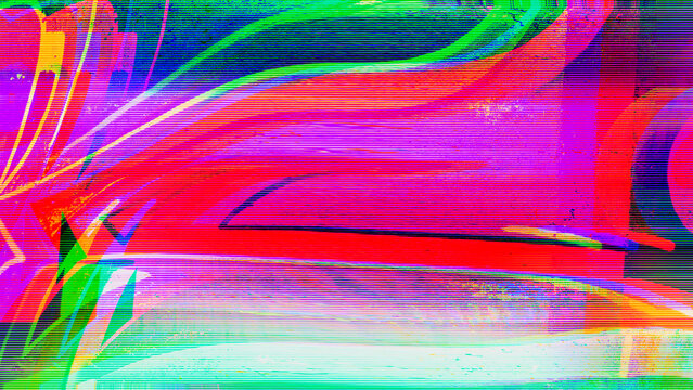 Neon glitch texture with chromatic aberration and scanline distortion on dark background. Psychedelic floral elements for summer festival flyer, rave poster, and electronic music event design.