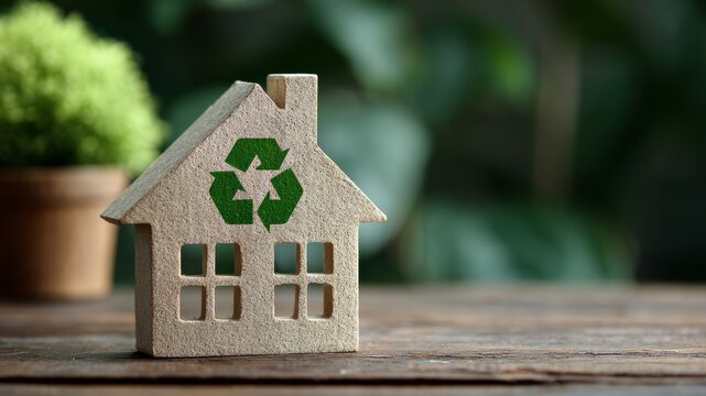 Eco-friendly house symbol with recycling logo on a wooden table with blurred green background