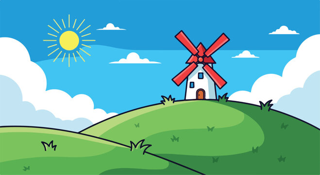 Cartoon windmill on green hills landscape, traditional wind mill under sunny blue sky, rural countryside farm scene vector illustration