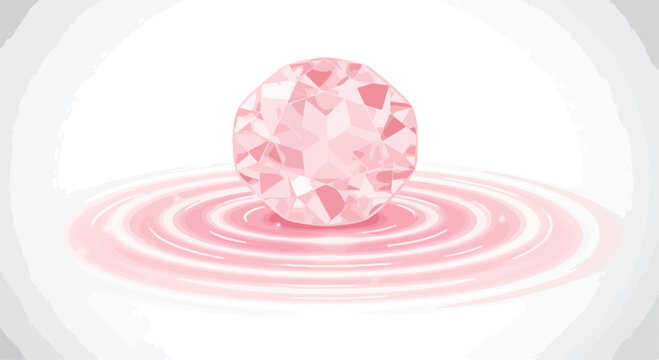 Pink diamond gemstone floating on liquid ripples, elegant rose crystal jewel with water splash, luxury jewelry vector illustration for beauty branding