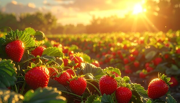 Ripe strawberries growing in a sun-drenched field during golden hour, fresh fruit harvest, organic farming, natural light
