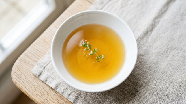  Top-down view of a white bowl with clear broth and a single herb leaf. menu design, packaging mockups, designed for culinary blogs and recipe cards for restaurants.